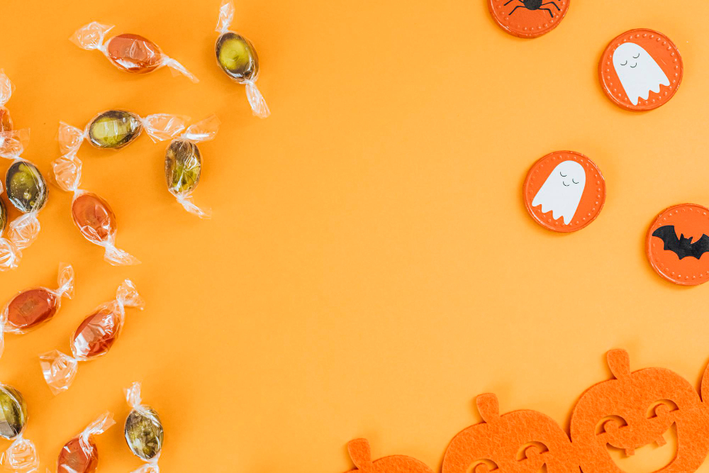 halloween candy in an orange background